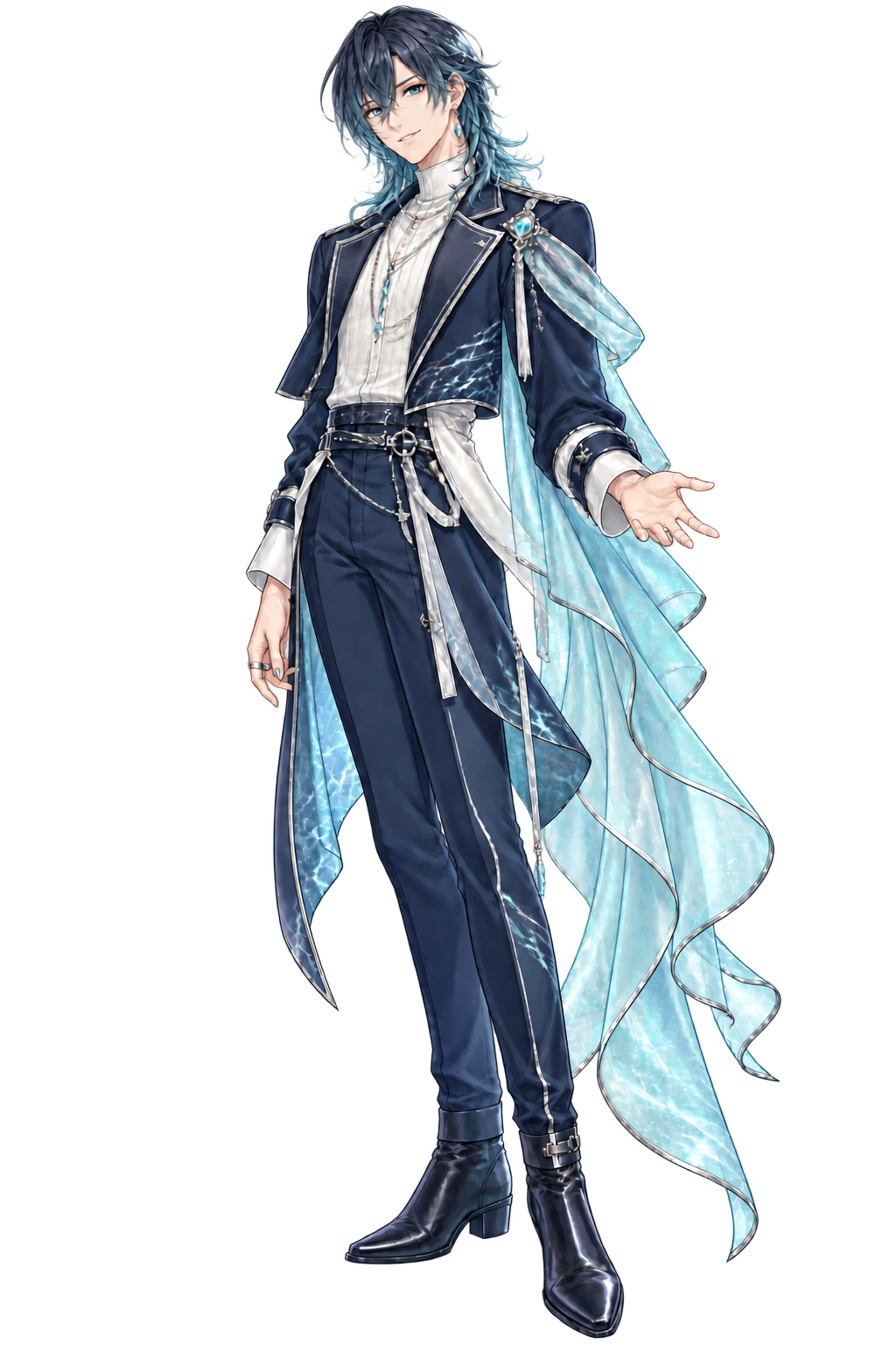 銀の装飾と透明な海色のケープをまとった汐灯澪の全身立ち絵